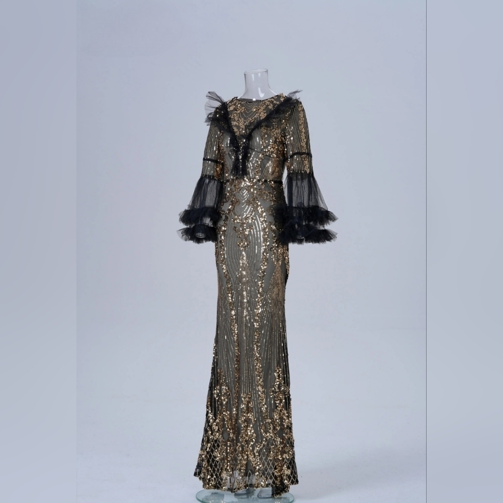 Silver Sequin Gown with V-Neck and Bishop Sleeves - Picture 8 of 15